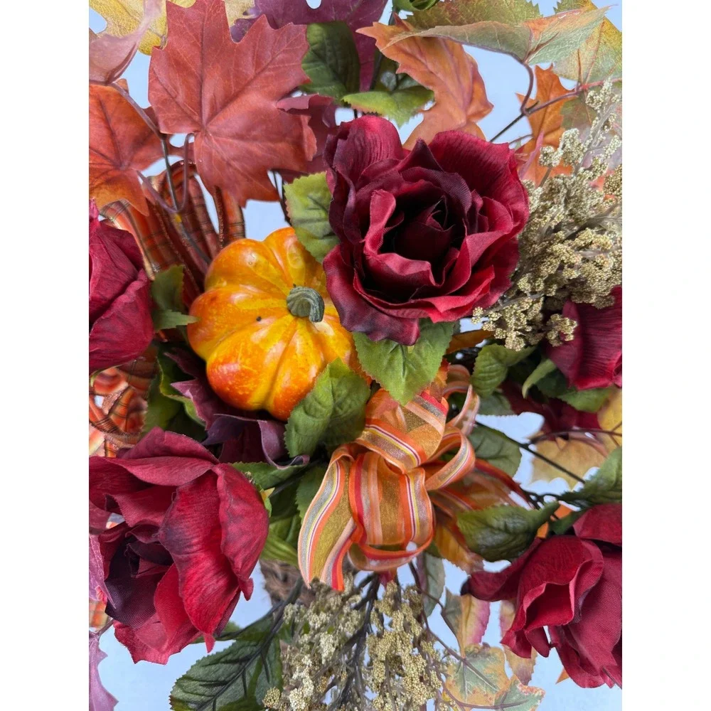 Fall Floral Cornucopia Wicker Basket Red Roses Pumpkin Harvest Decor